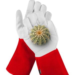 imageNoCry Guantes largos de jardinera de cuero para mujeres y hombres a prueba de espinas para podar cactus rosas y zarzamoras guantes para trabajos de jardinera palmas y dedos reforzados rojo M