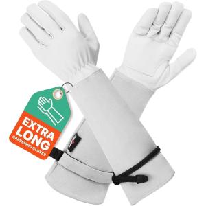 imageNoCry Leather Gardening Gloves with Improved Long Adjustable Gauntlet Cuffs Puncture Resistant with Reinforced Palms and Fingertips Perfect for Rose Pruning Size Medium Grey