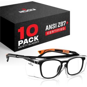 imageNoCry Safety Glasses Over Eyeglasses for Men and Women with Anti Scratch Lenses and Integrated Side Shields  Adjustable Temples with AntiSlip Tips  100 UV Protective Eyewear  ANSI Z87 CertifiedBlack  Orange 10 Pack