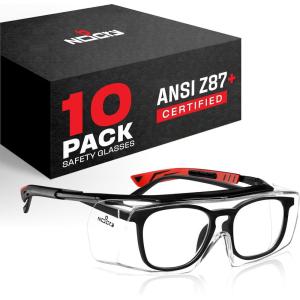 imageNoCry Safety Glasses Over Eyeglasses for Men and Women with Anti Scratch Lenses and Integrated Side Shields  Adjustable Temples with AntiSlip Tips  100 UV Protective Eyewear  ANSI Z87 CertifiedBlack  Red 10 Pack